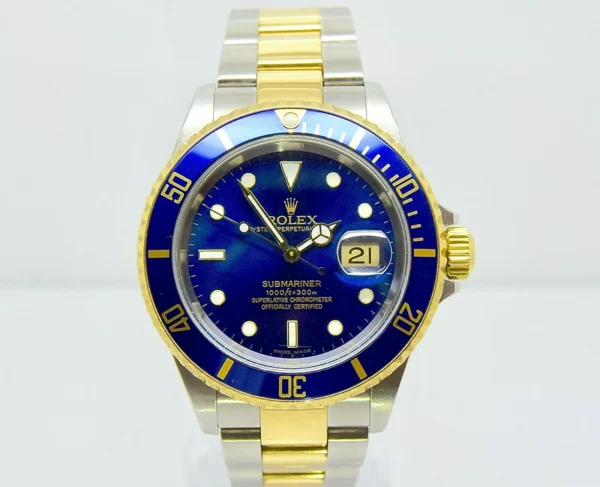 Rolex Submariner Date 18K Yellow Gold Blue Dial 16613 Box & Papers 2004
